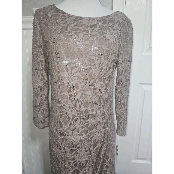 Vtg Marina Taupe Mesh Lace Sequin Beaded Sheath Dress Size 12 Cocktail Party - Picture 2 of 13